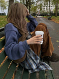 GETADME New Women's Chic Blue O-neck Casual Knitted Sweater Simple Fashion Loose Full Sleeved Jumper 2024 Autumn Female Daily Knitwear ﻿