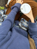 GETADME New Women's Chic Blue O-neck Casual Knitted Sweater Simple Fashion Loose Full Sleeved Jumper 2024 Autumn Female Daily Knitwear ﻿
