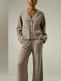 GETADME 여성용 시크 솔리드 버튼 V넥 니트 가디건 세트 패션 캐주얼 루즈 와이드 레그 롱 팬츠 정장 2024 레이디 데일리룩