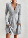 GETADME New for autumn/Winter 2024 Women Knit Slim Sexy Bodycon Dress V-Neck Long Sleeve Dress Solid Casual Midi Sweater Dress
