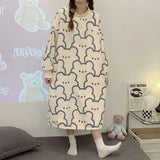 GETADME Nightgown Winter Warm Women Pajamas Sweet Cartoon Print Flannel Long Sleeve Loose Loungewear Warm Mid-length Robes Sleepshirts