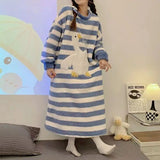 GETADME Nightgown Winter Warm Women Pajamas Sweet Cartoon Print Flannel Long Sleeve Loose Loungewear Warm Mid-length Robes Sleepshirts