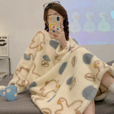 GETADME Nightgown Winter Warm Women Pajamas Sweet Cartoon Print Flannel Long Sleeve Loose Loungewear Warm Mid-length Robes Sleepshirts