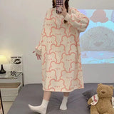 GETADME Nightgown Winter Warm Women Pajamas Sweet Cartoon Print Flannel Long Sleeve Loose Loungewear Warm Mid-length Robes Sleepshirts