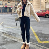 GETADME OMSJ 2025 Vestes décontractées en fausse fourrure pour femmes, douces et moelleuses, manches longues, fermeture éclair, col rabattu, style vintage, couleur unie, style teddy, manteaux courts