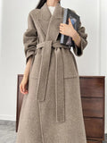 GETADME Office Lady Woolen Jackets 2025 Autumn And Winter Bathrobe Style Pocket Double-Sided Loose Lace -Up Tie Women's Long Wool Coats