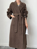 GETADME Office Lady Woolen Jackets 2025 Autumn And Winter Bathrobe Style Pocket Double-Sided Loose Lace -Up Tie Women's Long Wool Coats