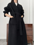 GETADME Office Lady Woolen Jackets 2025 Autumn And Winter Bathrobe Style Pocket Double-Sided Loose Lace -Up Tie Women's Long Wool Coats