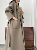 GETADME Office Lady Woolen Jackets 2025 Autumn And Winter Bathrobe Style Pocket Double-Sided Loose Lace -Up Tie Women's Long Wool Coats