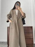 GETADME Office Lady Woolen Jackets 2025 Autumn And Winter Bathrobe Style Pocket Double-Sided Loose Lace -Up Tie Women's Long Wool Coats