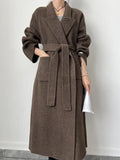 GETADME Office Lady Woolen Jackets 2025 Autumn And Winter Bathrobe Style Pocket Double-Sided Loose Lace -Up Tie Women's Long Wool Coats