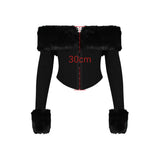 GETADME Oligai Long Sleeve Corset Top Faux Fur Collar Bodycon Cropped Top Sexy Black Elegant Off The Shoulder Blouse Women's Clothing