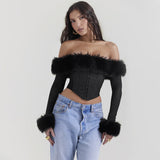 GETADME Oligai Long Sleeve Corset Top Faux Fur Collar Bodycon Cropped Top Sexy Black Elegant Off The Shoulder Blouse Women's Clothing