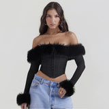 GETADME Oligai Long Sleeve Corset Top Faux Fur Collar Bodycon Cropped Top Sexy Black Elegant Off The Shoulder Blouse Women's Clothing