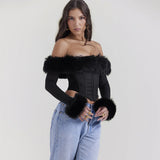 GETADME Oligai Long Sleeve Corset Top Faux Fur Collar Bodycon Cropped Top Sexy Black Elegant Off The Shoulder Blouse Women's Clothing