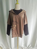 GETADME Onalippa Fashion Original American Retro Design Brown Fake Two-piece Hoodie Vintage Vintage Hooded Loose Fit Slimming Top