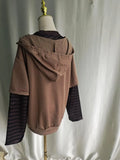 GETADME Onalippa Fashion Original American Retro Design Brown Fake Two-piece Hoodie Vintage Vintage Hooded Loose Fit Slimming Top