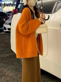 GETADME Orange Sweet Classic O-Neck Fashion Single Breasted Women Cardigan Autumn Korean Chic Knitting Solid Color Loose Female Cardigan