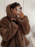 GETADME Oversized Brown Fluffy Faux Fur Coats For Women Winter Autumn Loose Lapel Cardigan Jacket 2025 New High Street Warm Outwear
