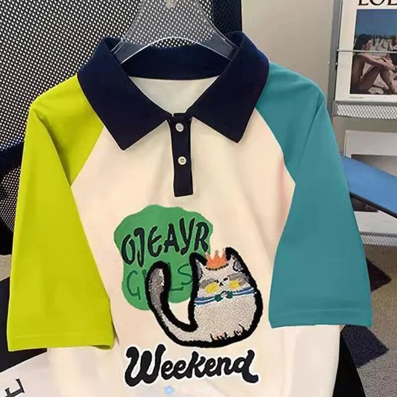 GETADME Oversized Preppy Style Patchwork Polo-Neck Short Sleeve T-Shirts Normcore Summer Loose Embroidered Top Tee Women Clothing Tops