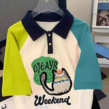 GETADME Oversized Preppy Style Patchwork Polo-Neck Short Sleeve T-Shirts Normcore Summer Loose Embroidered Top Tee Women Clothing Tops