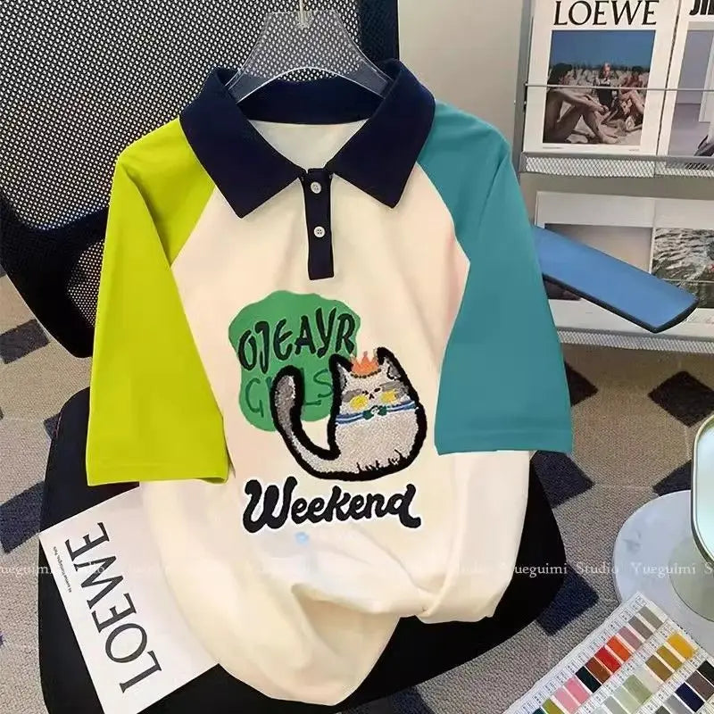 GETADME Oversized Preppy Style Patchwork Polo-Neck Short Sleeve T-Shirts Normcore Summer Loose Embroidered Top Tee Women Clothing Tops