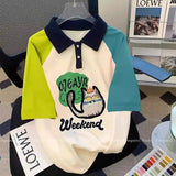 GETADME Oversized Preppy Style Patchwork Polo-Neck Short Sleeve T-Shirts Normcore Summer Loose Embroidered Top Tee Women Clothing Tops
