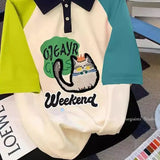 GETADME Oversized Preppy Style Patchwork Polo-Neck Short Sleeve T-Shirts Normcore Summer Loose Embroidered Top Tee Women Clothing Tops