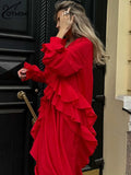 GETADME Oymimi 패션 레드 루즈 여성 드레스 우아한 러플 V넥 긴팔 드레스 캐주얼 사이드 슬릿 앵클 길이 드레스 스트리트웨어