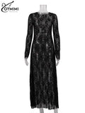 GETADME Oymimi Sexy Black Lace Women's Dress Elegant O-Neck Long Sleeve Transparent Dresses Fashion Straight Ankle-Length Dresses Female