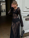 GETADME Oymimi Sexy Black Lace Women's Dress Elegant O-Neck Long Sleeve Transparent Dresses Fashion Straight Ankle-Length Dresses Female
