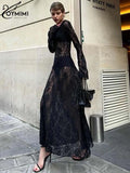 GETADME Oymimi Sexy Black Lace Women's Dress Elegant O-Neck Long Sleeve Transparent Dresses Fashion Straight Ankle-Length Dresses Female