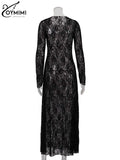 GETADME Oymimi Sexy Black Lace Women's Dress Elegant O-Neck Long Sleeve Transparent Dresses Fashion Straight Ankle-Length Dresses Female