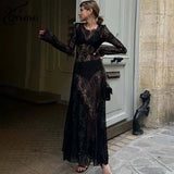 GETADME Oymimi Sexy Black Lace Women's Dress Elegant O-Neck Long Sleeve Transparent Dresses Fashion Straight Ankle-Length Dresses Female