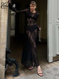 GETADME Oymimi Sexy Black Lace Women's Dress Elegant O-Neck Long Sleeve Transparent Dresses Fashion Straight Ankle-Length Dresses Female