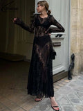 GETADME Oymimi Sexy Black Lace Women's Dress Elegant O-Neck Long Sleeve Transparent Dresses Fashion Straight Ankle-Length Dresses Female