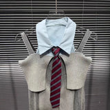 GETADME PREPOMP 2025 Winter New Arrival Necktie Shoulder Hollow Out Long Sleeve Shirt Patchwork Knitted Pullover Sweater GS758