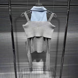 GETADME PREPOMP 2025 Winter New Arrival Necktie Shoulder Hollow Out Long Sleeve Shirt Patchwork Knitted Pullover Sweater GS758