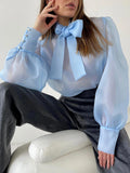 GETADME Perspective Mesh Shirt Women Elegant Sexy See Through Blouses Puff Sleeve Bow Lace Up Tops Office Lady Solid Casual Thin Blouse