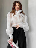 GETADME Perspective Mesh Shirt Women Elegant Sexy See Through Blouses Puff Sleeve Bow Lace Up Tops Office Lady Solid Casual Thin Blouse