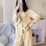 GETADME Pijamas Women Silk Nightgown Spring Autumn Long Sleeve Trousers Sexy Lace Sleepwear V-neck Loose Casual Simple Thin Pajama Sets