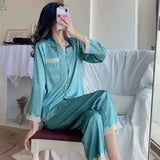 GETADME Pijamas Women Silk Nightgown Spring Autumn Long Sleeve Trousers Sexy Lace Sleepwear V-neck Loose Casual Simple Thin Pajama Sets