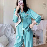 GETADME Pijamas Women Silk Nightgown Spring Autumn Long Sleeve Trousers Sexy Lace Sleepwear V-neck Loose Casual Simple Thin Pajama Sets