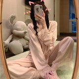 GETADME Pijamas Women Silk Nightgown Spring Autumn Long Sleeve Trousers Sexy Lace Sleepwear V-neck Loose Casual Simple Thin Pajama Sets