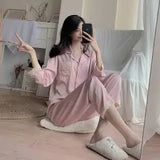 GETADME Pijamas Women Silk Nightgown Spring Autumn Long Sleeve Trousers Sexy Lace Sleepwear V-neck Loose Casual Simple Thin Pajama Sets