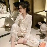 GETADME Pijamas Women Silk Nightgown Spring Autumn Long Sleeve Trousers Sexy Lace Sleepwear V-neck Loose Casual Simple Thin Pajama Sets