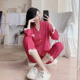 GETADME Pijamas Women Silk Nightgown Spring Autumn Long Sleeve Trousers Sexy Lace Sleepwear V-neck Loose Casual Simple Thin Pajama Sets