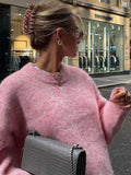 GETADME Pink Wool Cashmere Thicken Casual Loose Knitted Sweater Pullovers Women 2024 Autumn O Neck Long Sleeve Sweaters Lady Streetwear