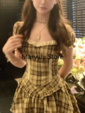 GETADME Plaid Retro Elegant 2 Piece Dress Set Female French Y2k Crop Tops + High Waist Mini Skrits 2025 Summer Korean Fashion Suits