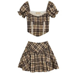 GETADME Plaid Retro Elegant 2 Piece Dress Set Female French Y2k Crop Tops + High Waist Mini Skrits 2025 Summer Korean Fashion Suits